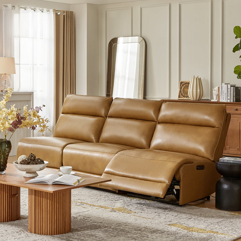 Myheir Modern Genuine Leather Power Reclining Sofa with Power Headrest, Camel