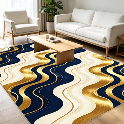 Tapis bleu marine à motif de vagues dorées pour le salon, doux et confortable, convient à toutes les saisons, facile à entretenir, tapis d'intérieur lavable à la machine, sous la table de ferme convenant à la chambre à coucher, à la salle à manger, au bureau, au patio, au balcon, à la maison