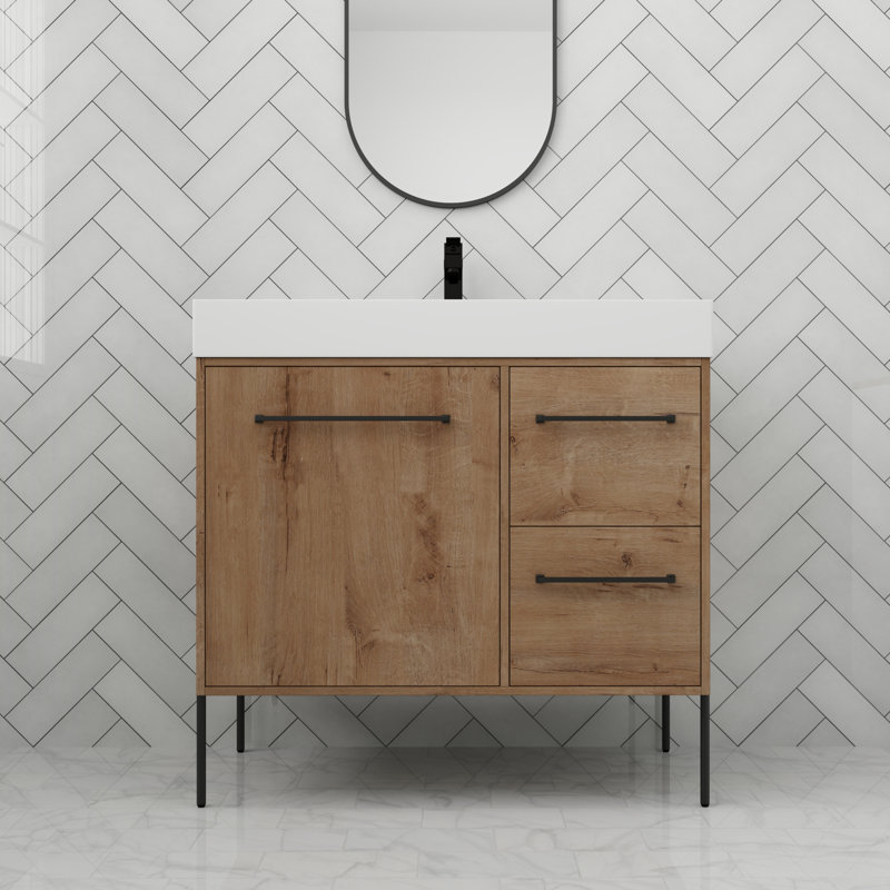 Meuble-lavabo de 36 po avec lavabo en résine, meuble-lavabo autoportant avec porte à fermeture en douceur et tiroirs