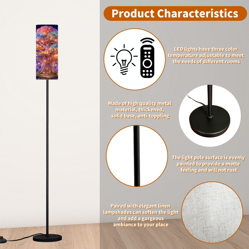  68.5" Standing Floor Lamp Whimsical Treehouse Village Adorable Bears Soft Pastel Colors Dimmable Metal Pole Lamp with Linen Lampshade LED Bulb Included