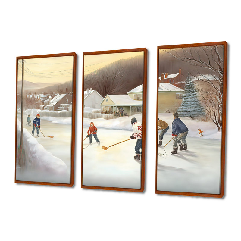 Enfants jouant au hockey en hiver IV - 3 pièces sur toile, H 32 po x l 48 po, Toile tendue