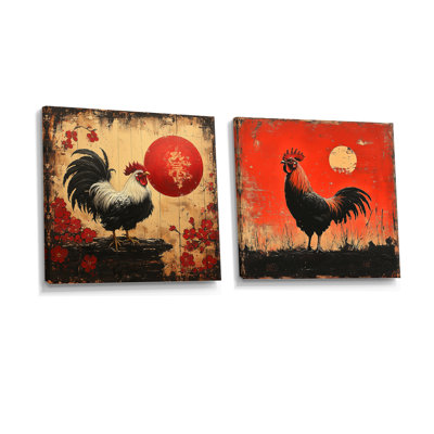 China Red Rooster I - Rooster Animal Wall Art - Modern Wall Art Canvas 2 Piece