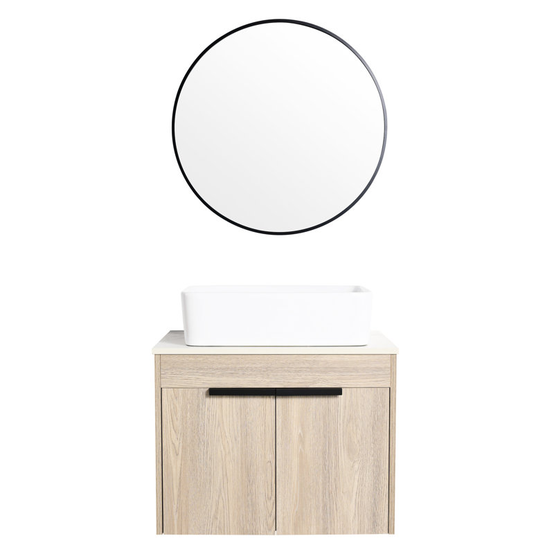 Meuble-lavabo de salle de bain avec lavabo en céramique. Chêne blanc mural de 24 po. Porte à fermeture en douceur et espace intérieur adéquat dans les meubles. Meuble-lavabo en chêne moderne. Rangement suffisant.