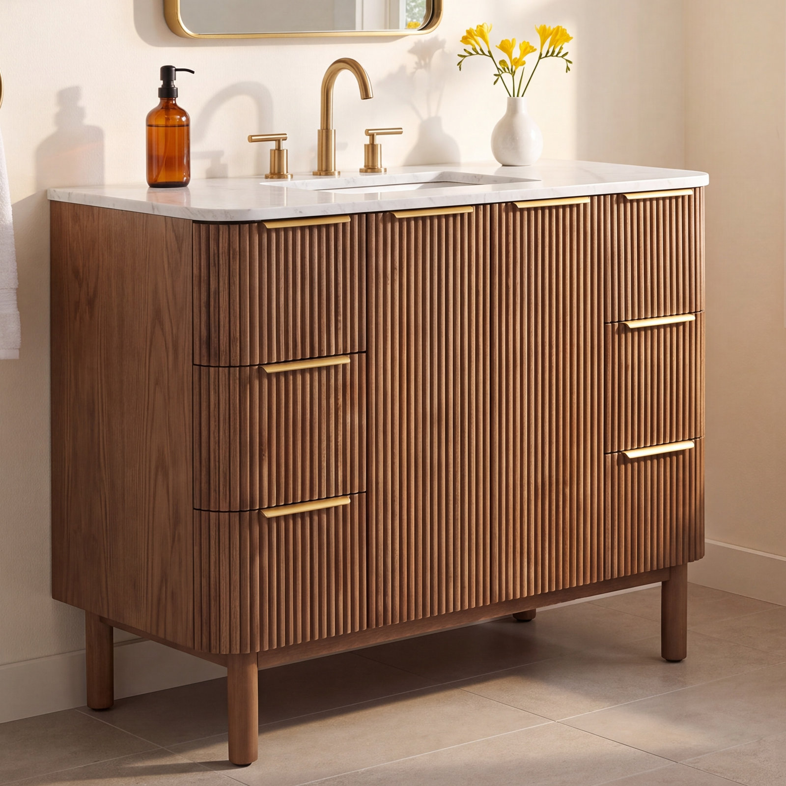 Nova 42" Carrara Marble Single Bathroom Vanity, Natural Reeded Birch