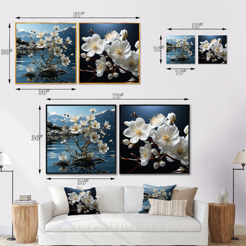 Blossuming Dogwood - Ensemble de 2 collages carrés Dogwood, Cadre flottant brun, H 16 po x l 33 po
