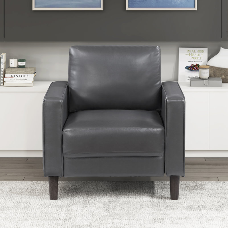  Kartir 33" Modern & Contemporary Armchair with Faux Leather Upholstery, Pocket Coils, Faux Wood Feet, Dark Gray