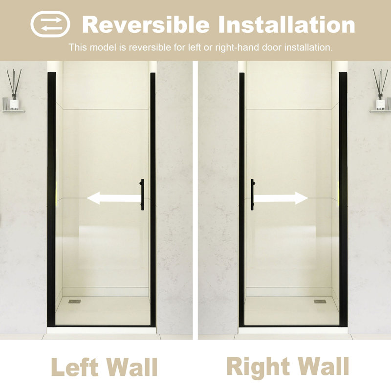 24" W × 72" H Pivot Shower Door – 1/4"(6mm) Tempered Glass With Explosion-Proof Film, Stainless Steel Handle, Matte Black Aluminum Half Frame, Modern Minimalist Design