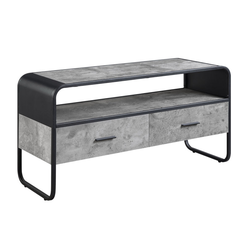 Meuble télé Raziela au fini gris béton et noir avec beaucoup de rangement et un design moderne pour une expérience de divertissement améliorée