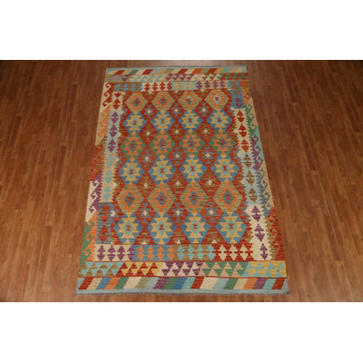 Tapis unique en laine noué à la main de 6 pi 5 po x 9 pi 8 po de couleur rouille / bleu / or