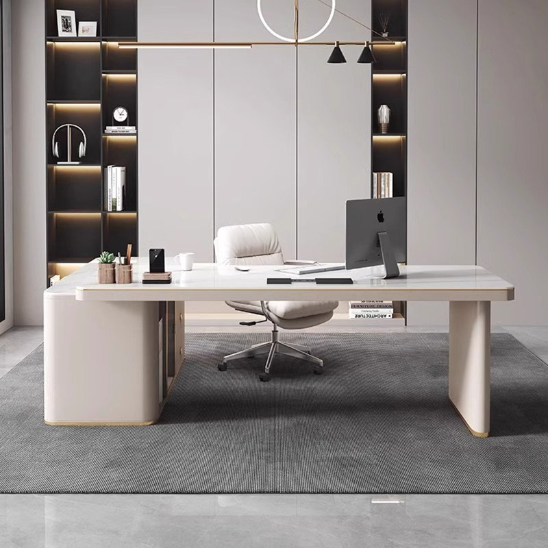 Bureau blanc et blanc en bois fritté en forme de L + bois manufacturé avec 3 tiroirs, H 29,53 po x l 62,99 po x P 27,56 po