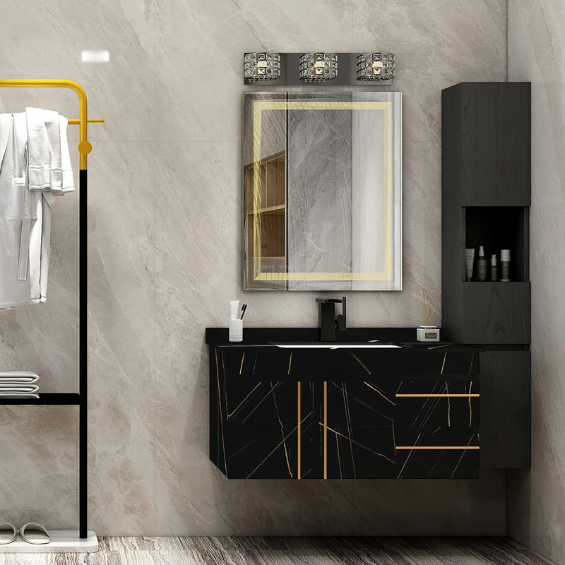 Aventon 35.4" Modern Floating Bathroom Vanity with Black Marble Top, White Ceramic Sink & Gold Handles