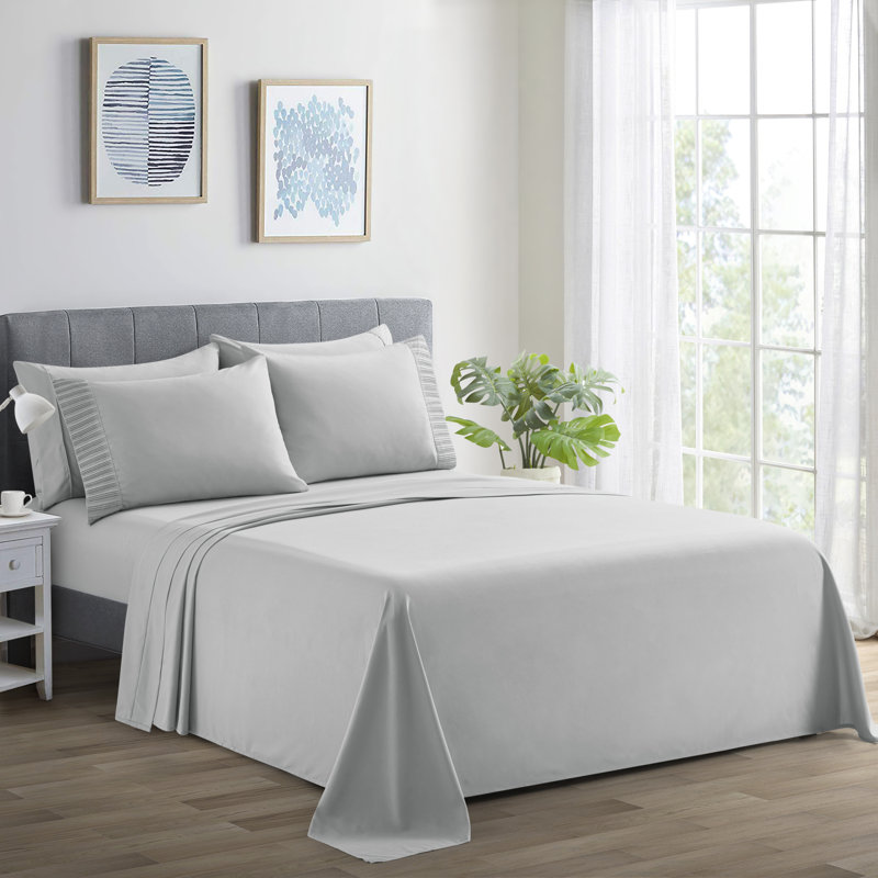 Marina Decoration Home Bedding Bedroom essentials Bedsheet Ultra Soft Silky Deep Pocket Solid Cooling Rayon from Bamboo All Season Pleated 6 Pieces Sheet Set with 4 Pillowcases, Silver Colour Queen Size