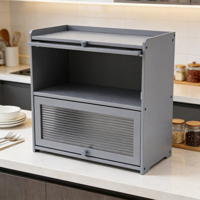 Armoire de rangement à 2 niveaux en bambou avec portes en acrylique, organisateur de garde-manger autoportant pour les épices, la vaisselle et le rangement des aliments, buffet de comptoir compact