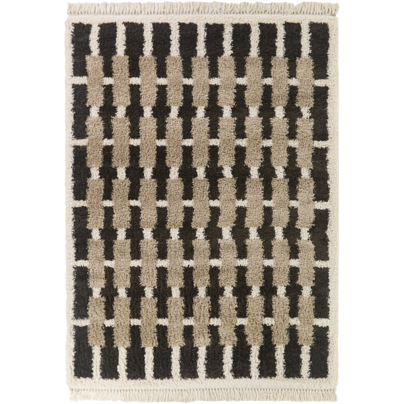 Meeks Beige Geometric Grid Area Rug, Rectangle 5'3" x 7'
