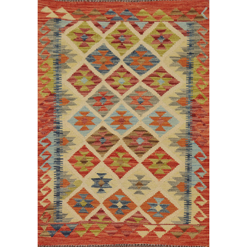 Geometric Kilim Reversible Wool Rug 3x4