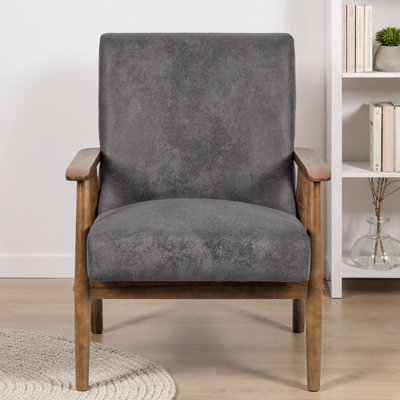 Fauteuil classique classique gris Mid-Century avec structure en bois massif et revêtement en microfibre
