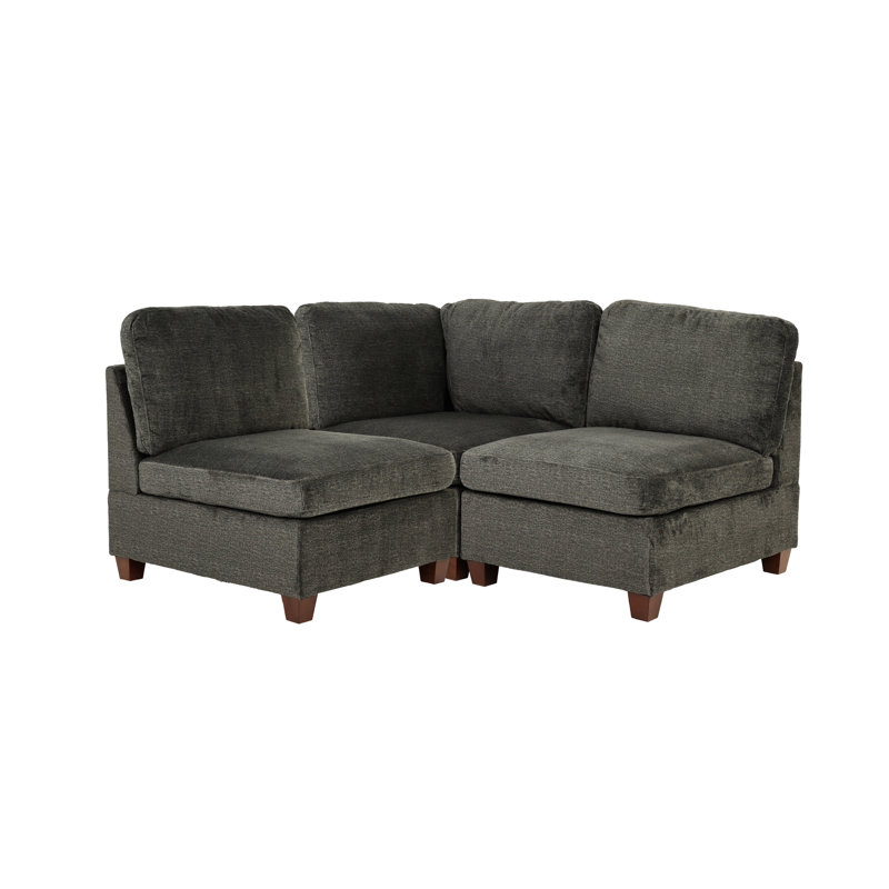 Canapé modulaire 3 pièces en chenille gris avec dossier coussiné et siège sans accoudoirs