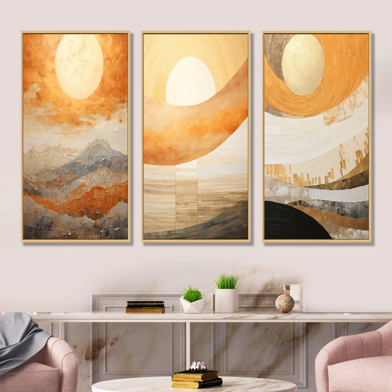 Ensemble de 3 décorations murales géométriques beiges et coucher de soleil, Cadre flottant brun, H 32 po x l 48 po