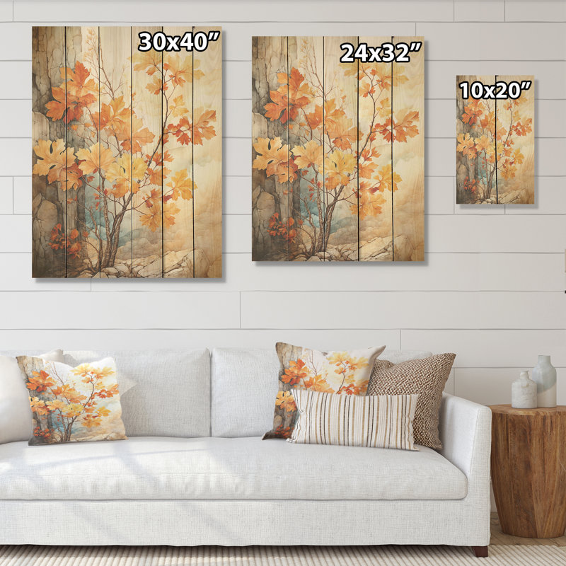 Feuillage abstrait, pêche, érable, arbre, érable, art sur bois de pin naturel, H 20 po x l 10 po