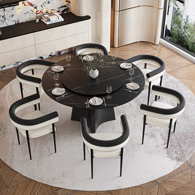 Ensemble de table de salle à manger pour 6 personnes avec plateau rond en faux marbre 51 "avec plateau tournant et chaises de salle à manger