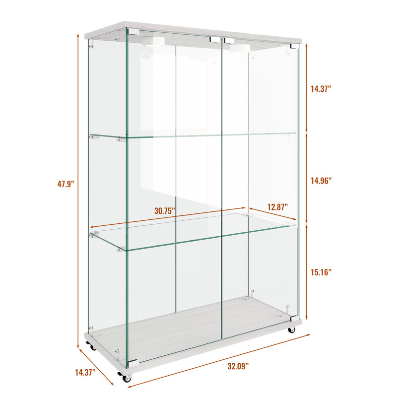 Modern Glass China Cabinet with LED Lights, 2-Door, 3-Shelf Display Cabinet, Tempered Glass Bookshelf for Living Room or Bedroom, Quick Assembly