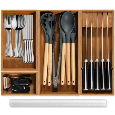 Carbonized Bamboo Kitchen Silverwar Drawer Organizer,14.2 Inch Length Natural Utensil Flatware Organizers Tray Storage For Spoons Forks & Knives
