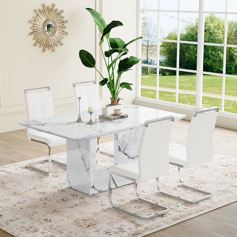 Ensemble de cuisine et salle à manger Modern, table de salle à manger en marbre avec chaises rembourrées, Blanc
