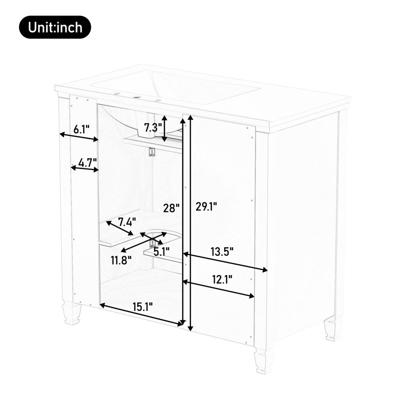 Meuble-lavabo 36 po avec lavabo, lavabo en céramique 36 po Piccio, 3 tiroirs latéraux, tablette réglable, Noir