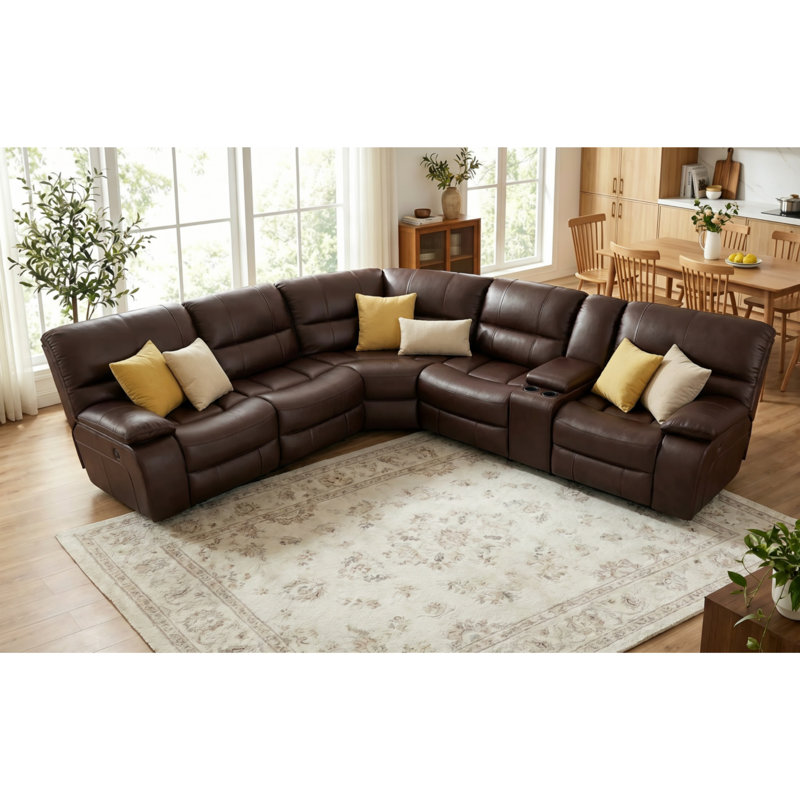 Chelliah 6-Piece Faux Leather Power Reclining Sectional with Console, Brown Faux Leather