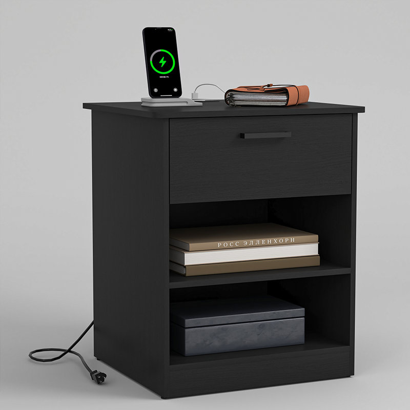 Wooden Nightstand Bedside Table With 1 Drawer And Shelves, End Table For Bedroom, Black