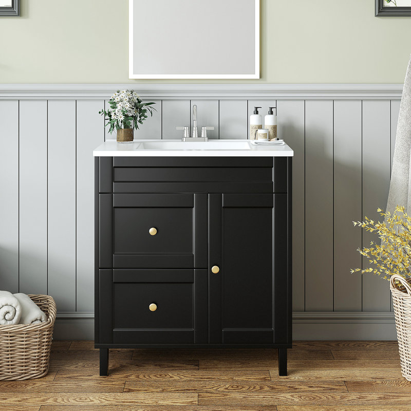 Ensemble de meuble-lavabo de salle de bain avec lavabo, ensemble de meuble-lavabo moderne de 36 po avec porte rabattable, 2 tiroirs et drain, noir