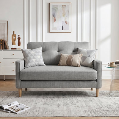 Modern Upholstered Loveseat Sofa with Tufted Backrest, Solid Wood Legs, Gray