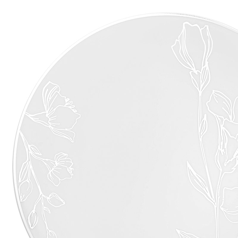 Assiettes blanches jetables rondes en plastique blanc et argent antique (10,25 po)