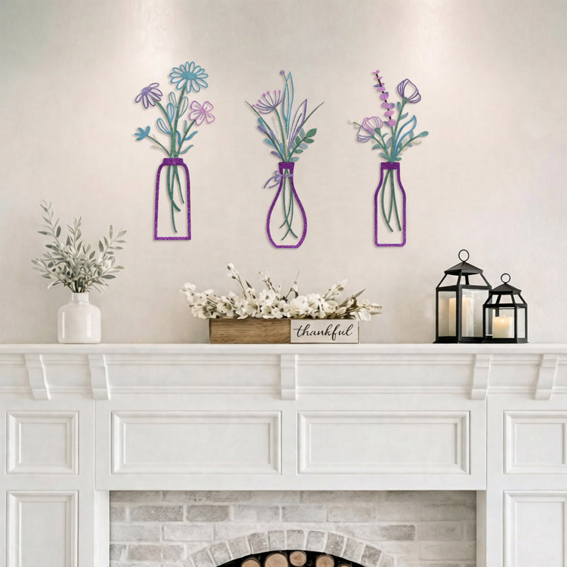  3-Piece Metal Flower Wall Art Set, Minimalist Boho Wall Decor, Purple