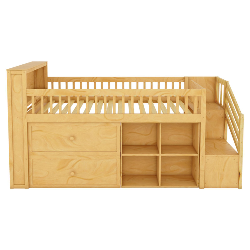 Lit mezzanine bas en bois avec escalier, Naturel