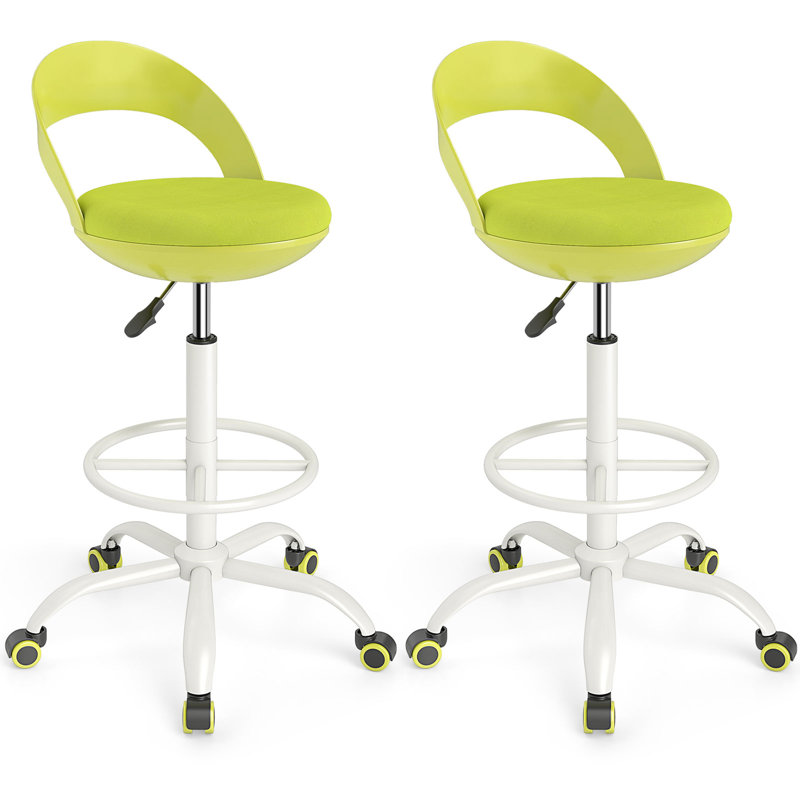  2 PCS Drafting Stool Rolling Tall Desk Chair w/ Wheels Low Backrest Footrest Green