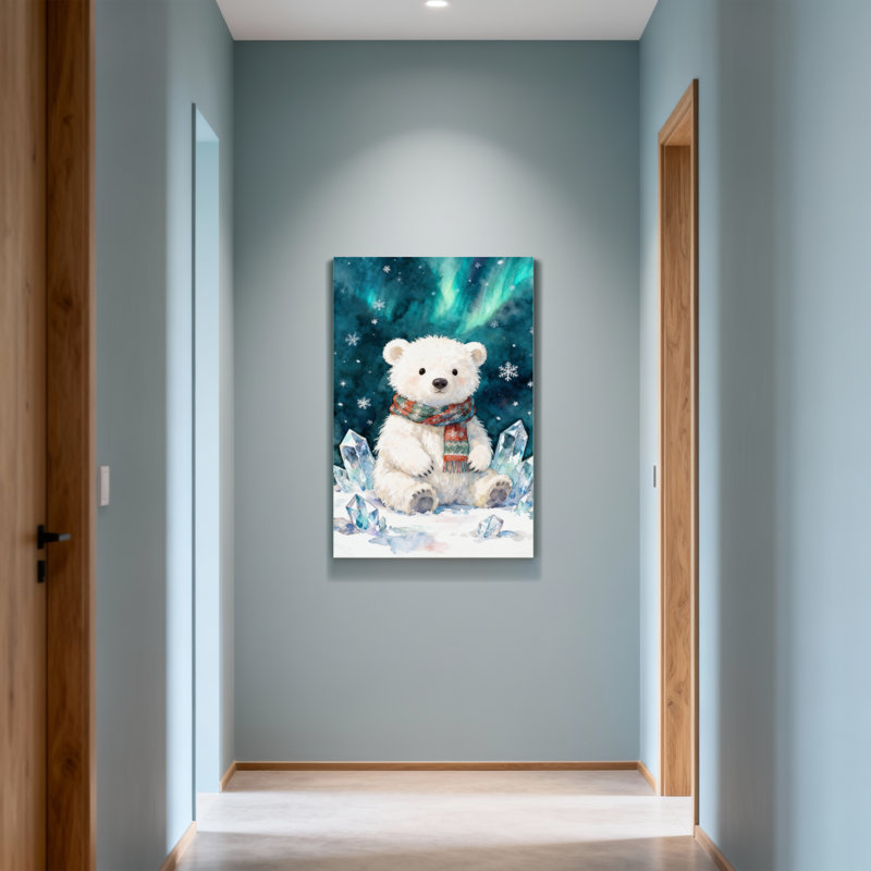 Ours polaire de Noël avec foulard et fond aurore, H 24 po x l 16 po