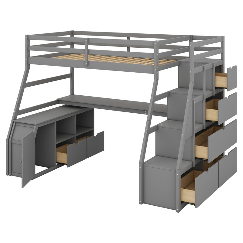 Lit mezzanine avec rangement et escalier Heiki, Gris, Simple