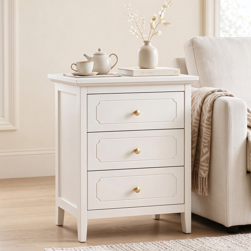 3-Drawer Nightstand with Gold Knobs (Set of 2)