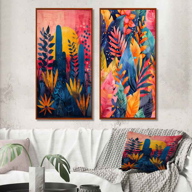 Ensemble de 2 pièces d'art mural bleu et rose, "Desert Paradise I" - palmiers et palmiers, Brun, H 28 po x l 24 po