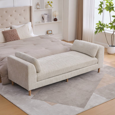 Banc de bout rembourré de 83,1 po de largeur avec accoudoirs, canapé-lit en chenille avec 2 traversins, lit de jour avec pieds en bois d'hévéa pour salon, chambre à coucher, appartement, chambre d'amis, beige