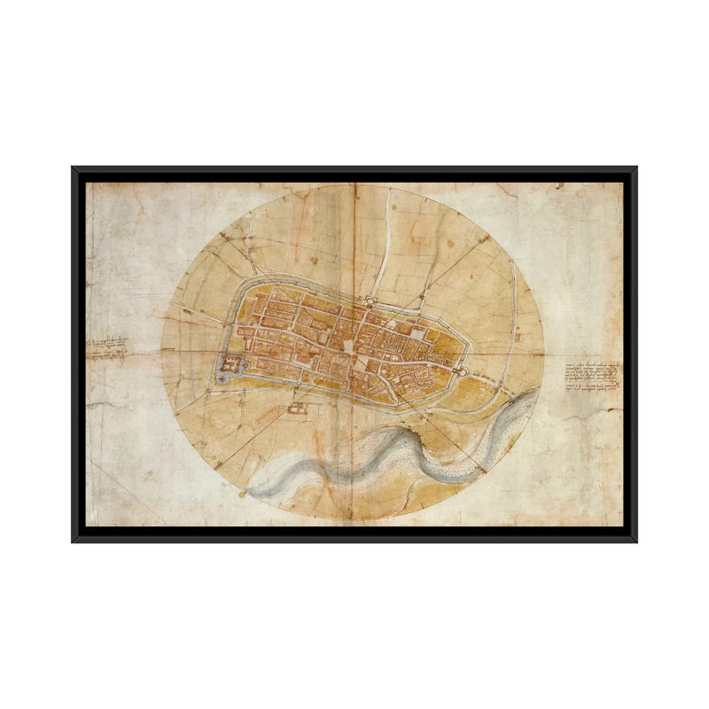 'Map of Imola, 1502' by Leonardo Da Vinci - Wrapped Canvas Graphic Art Print, Black Floater Framed Canvas, No Mat