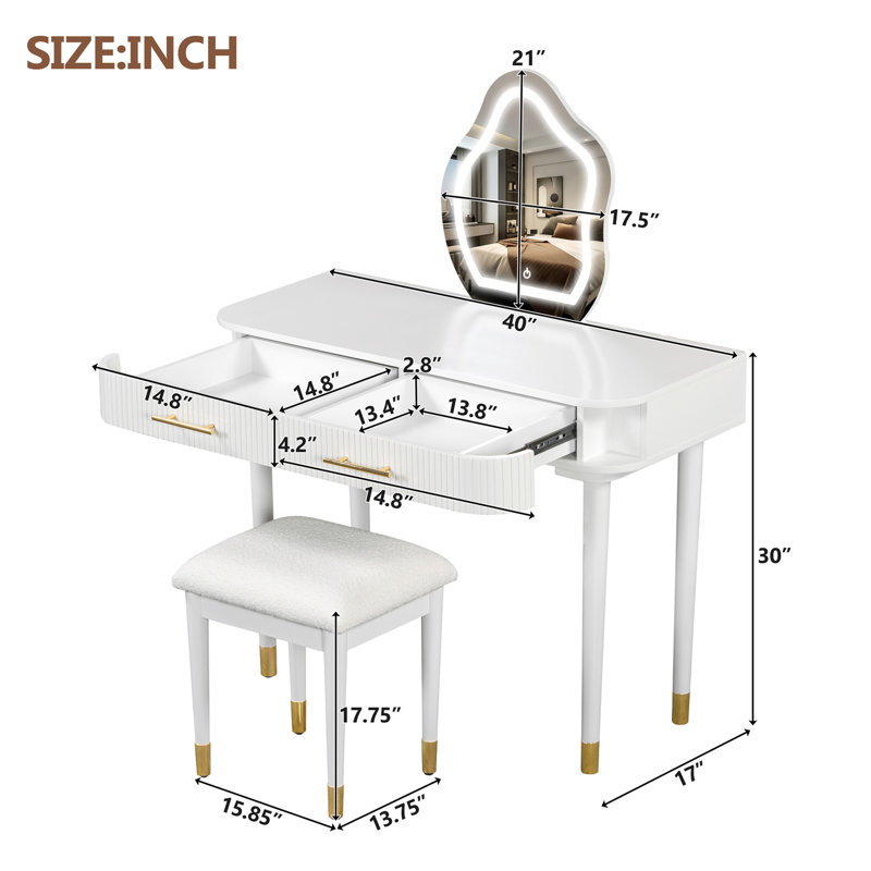 Ensemble de coiffeuse 40 "moderne avec miroir à écran tactile lumineux, coiffeuse et tabouret rembourré avec 2 grands tiroirs, blanc