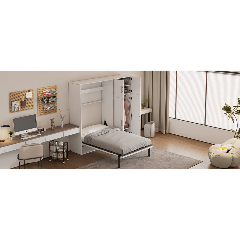 Lit escamotable simple avec casiers et armoires, blanc