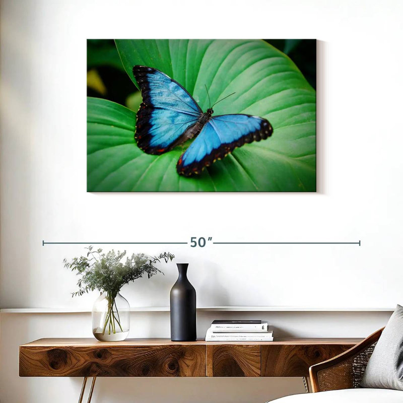 Morpho bleu sur feuille, H 24 po x l 36 po