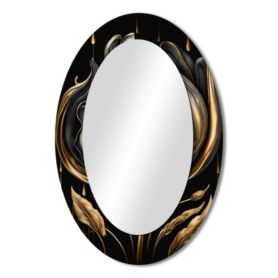 Black And Gold Tulip - Floral Oval Decorative Mirror On Metal