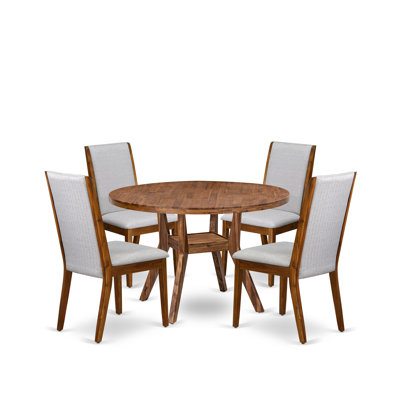 5-Pc Modern Kitchen Set Includes a Pedestal Table and 4 Grey Linen Fabric Fabric Kitchen Chairs with High Back - Antique Walnut