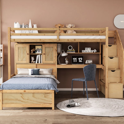 Lit simple surélevé naturel avec compartiments de rangement et bois de pin massif