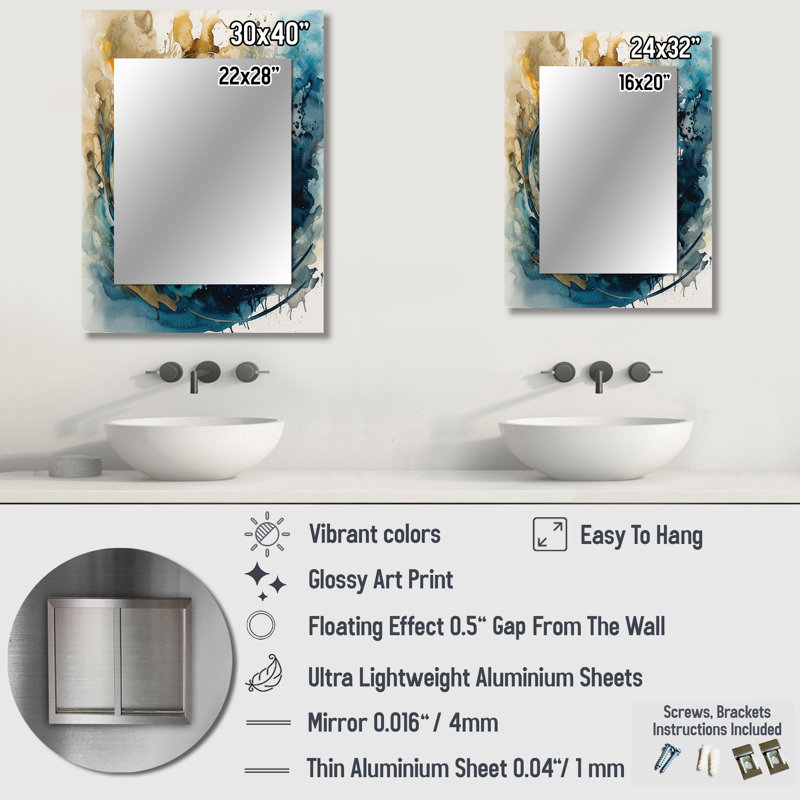 Blue Captivating Liquid Ink IV - Marble Wall Mirror, Modern Decorative Mirror, Printed Metal Art, 32" x 24"