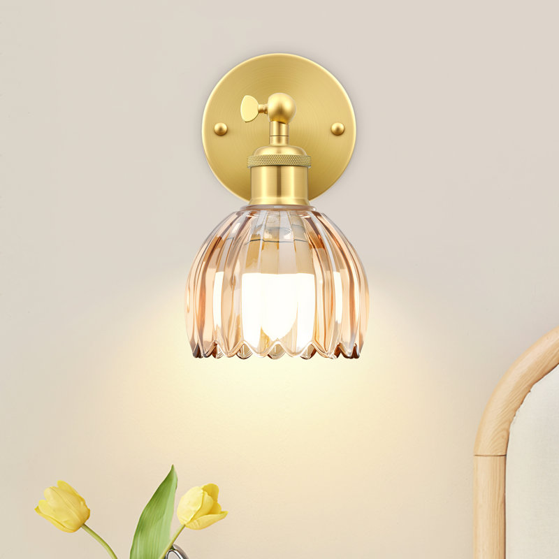 Rgb Rechargeable Wall Sconce With Amber Tulip Glass,Multifunctional Gold Wireless Wall Sconces((Set Of 2), Brushed Gold